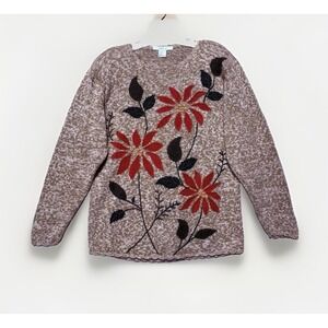 VTG 90s Lise J Womens M Floral Applique Sweater Poinsettia Cottagecore